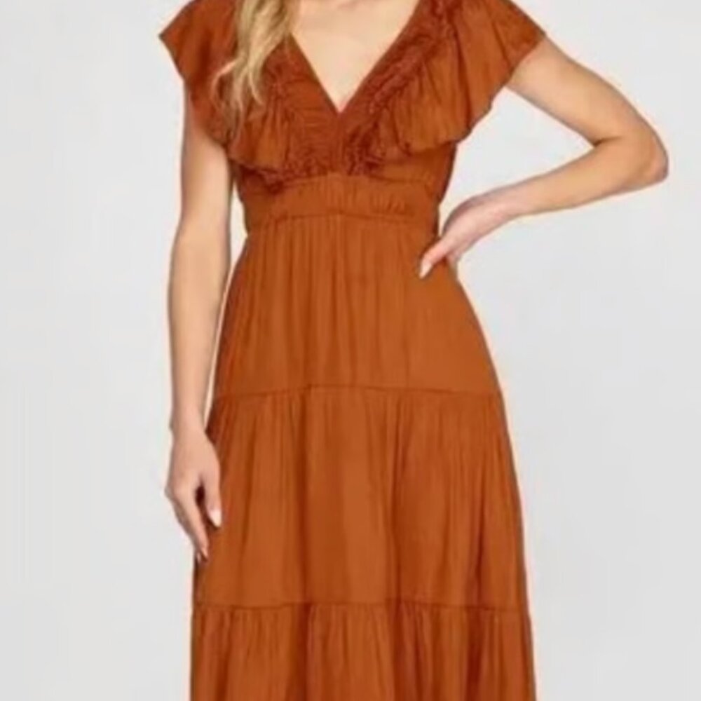 Just Class Ruffled Burnt Orange Dress Size Medium